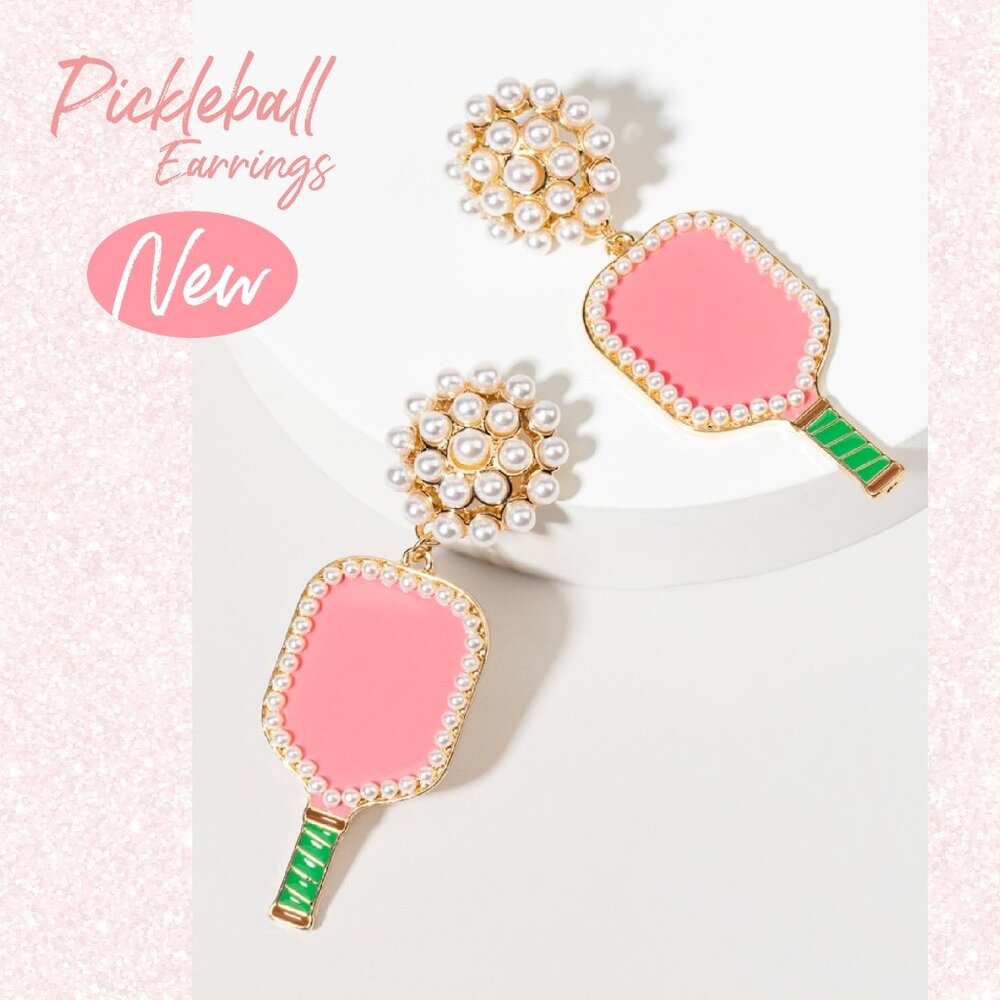 Pickleball Players Lovers Fan Pearl Beaded Racket Style Pink Earrings NEW